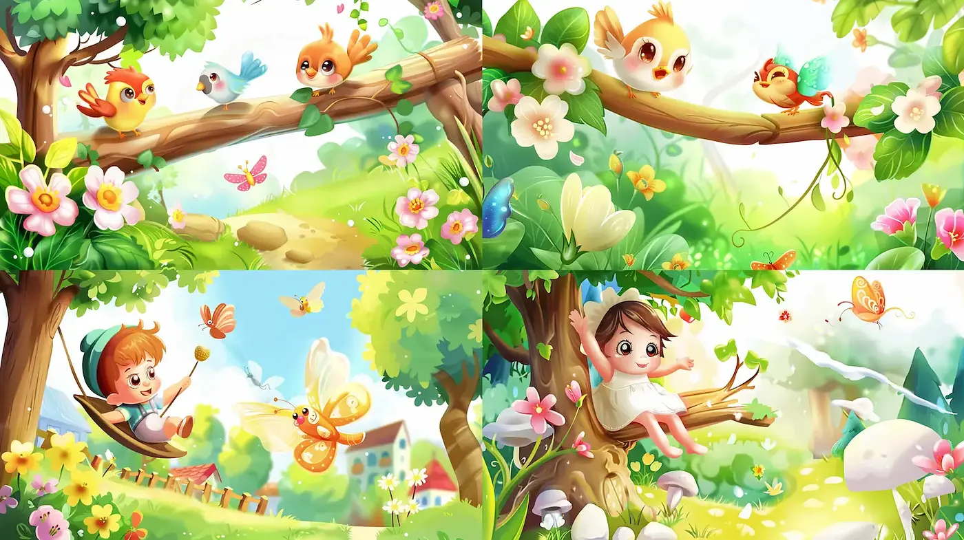 Whimsical and Cheerful Childlike Imagery with Natural Elements - Midjourney sref style