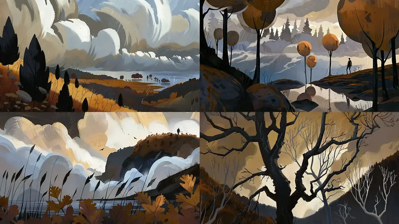 Serene and Evocative Landscapes in Digital Illustration - Midjourney sref style