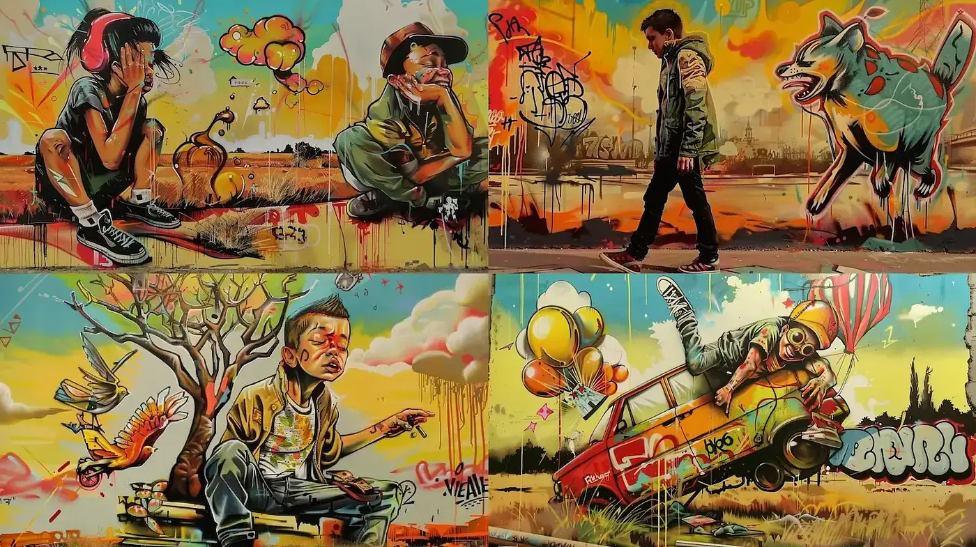Contemporary Urban Art Style with Vibrant Color and Dynamic Compositions - Midjourney sref style