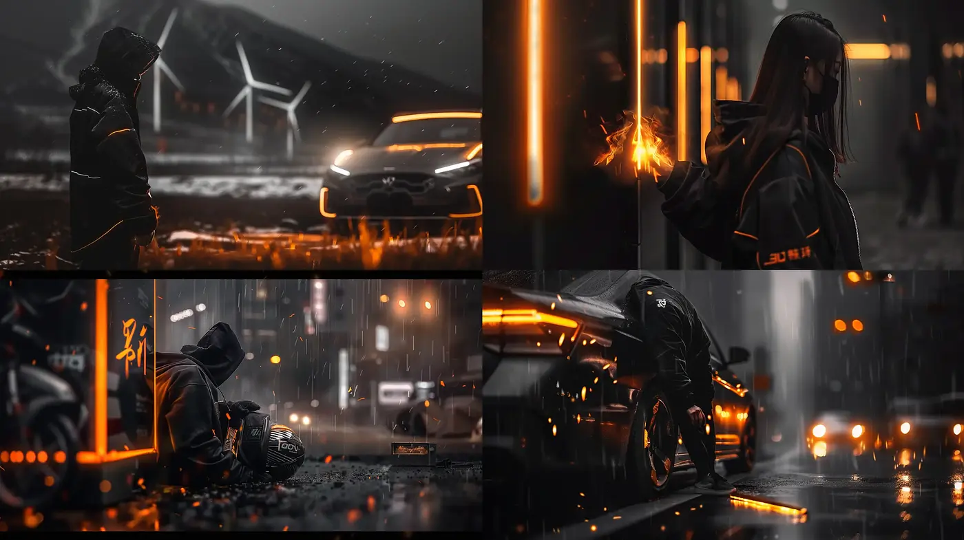 Futuristic Nocturnal Dystopia: A Synthesis of Cyberpunk Aesthetics and Rain-Soaked Streets - Midjourney sref style