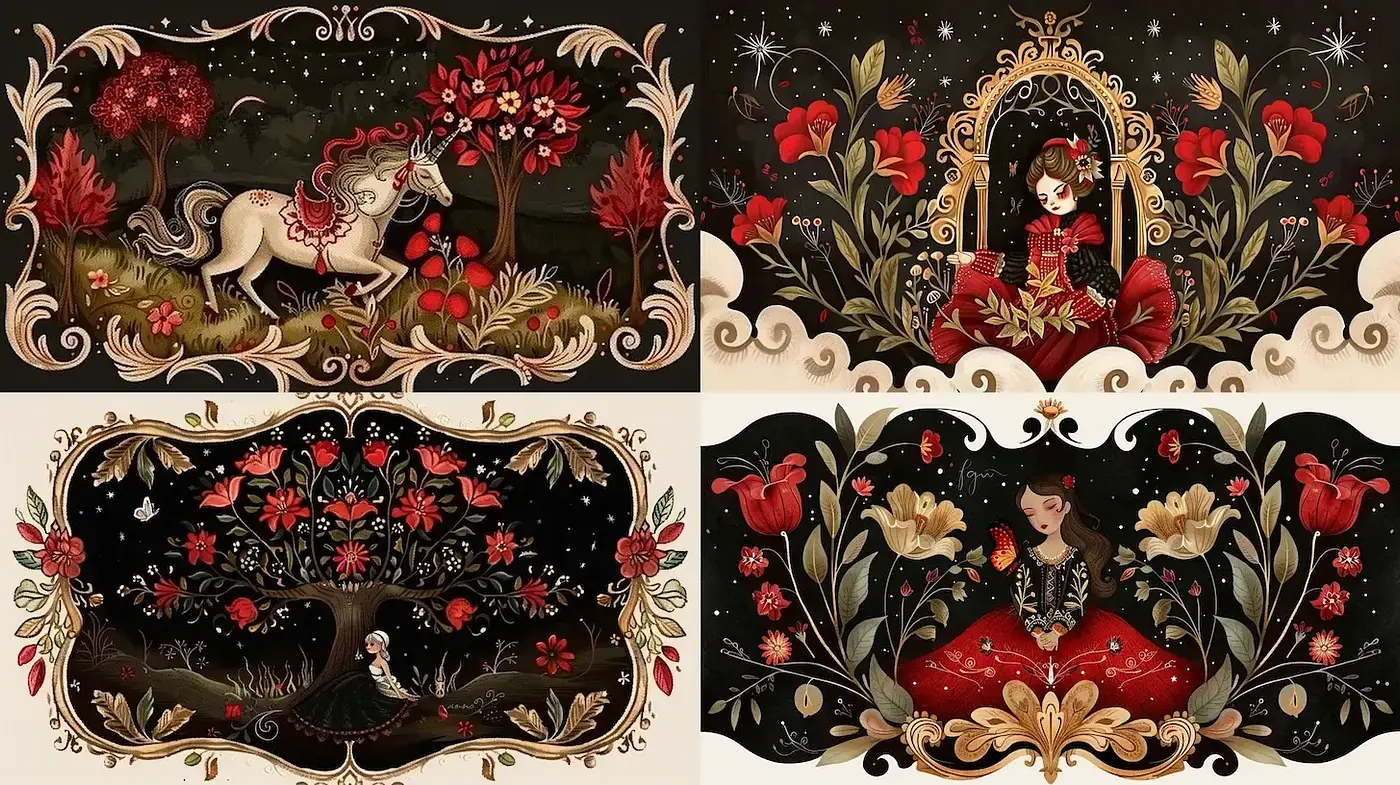Whimsical Fairytale Illustrations with Rich Floral and Nature Themes - Midjourney sref style