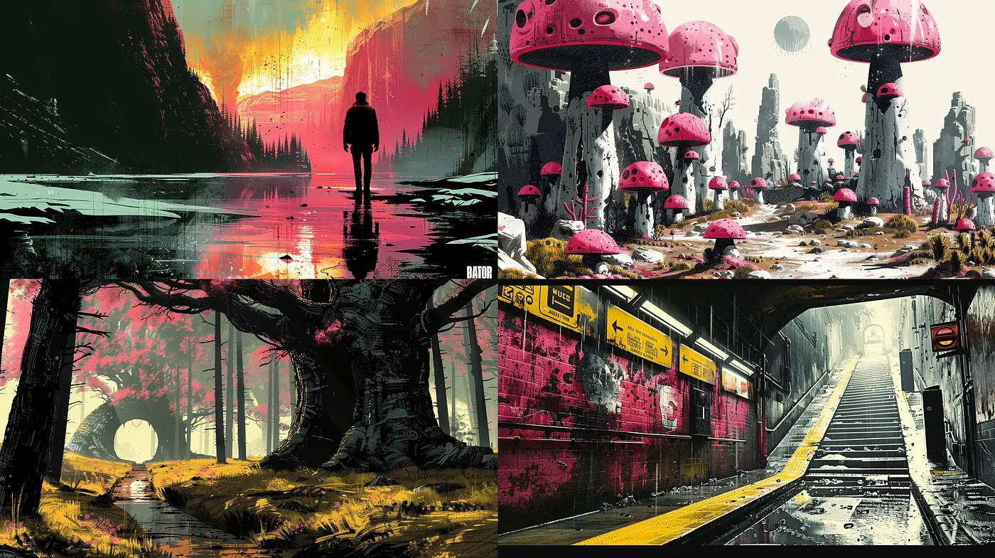 Dystopian Dreamscape: A Fusion of Digitally Painted Neo-Noir and Sci-Fi Visions - Midjourney sref style
