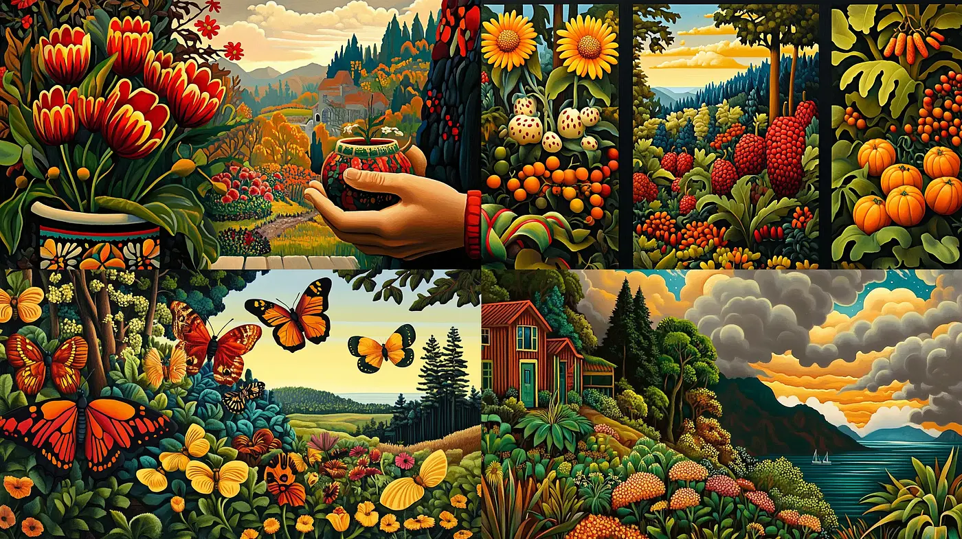 Lush Botanical Utopia in Rich Earthy Tones - Midjourney sref style
