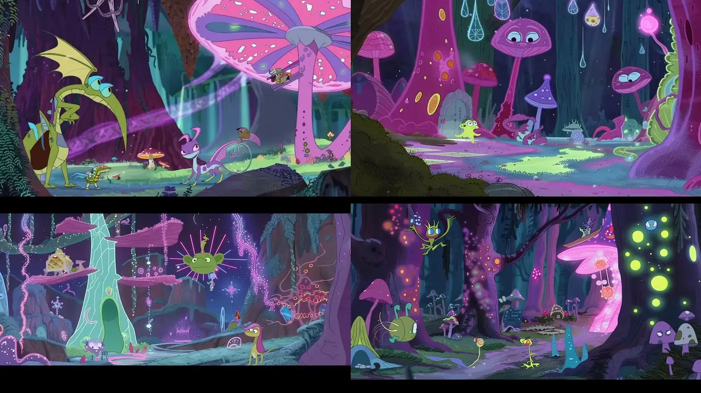 Enchanted Fluorescent Forests: A Harmonious Blend of Mystic Hues and Whimsical Forms - Midjourney sref style