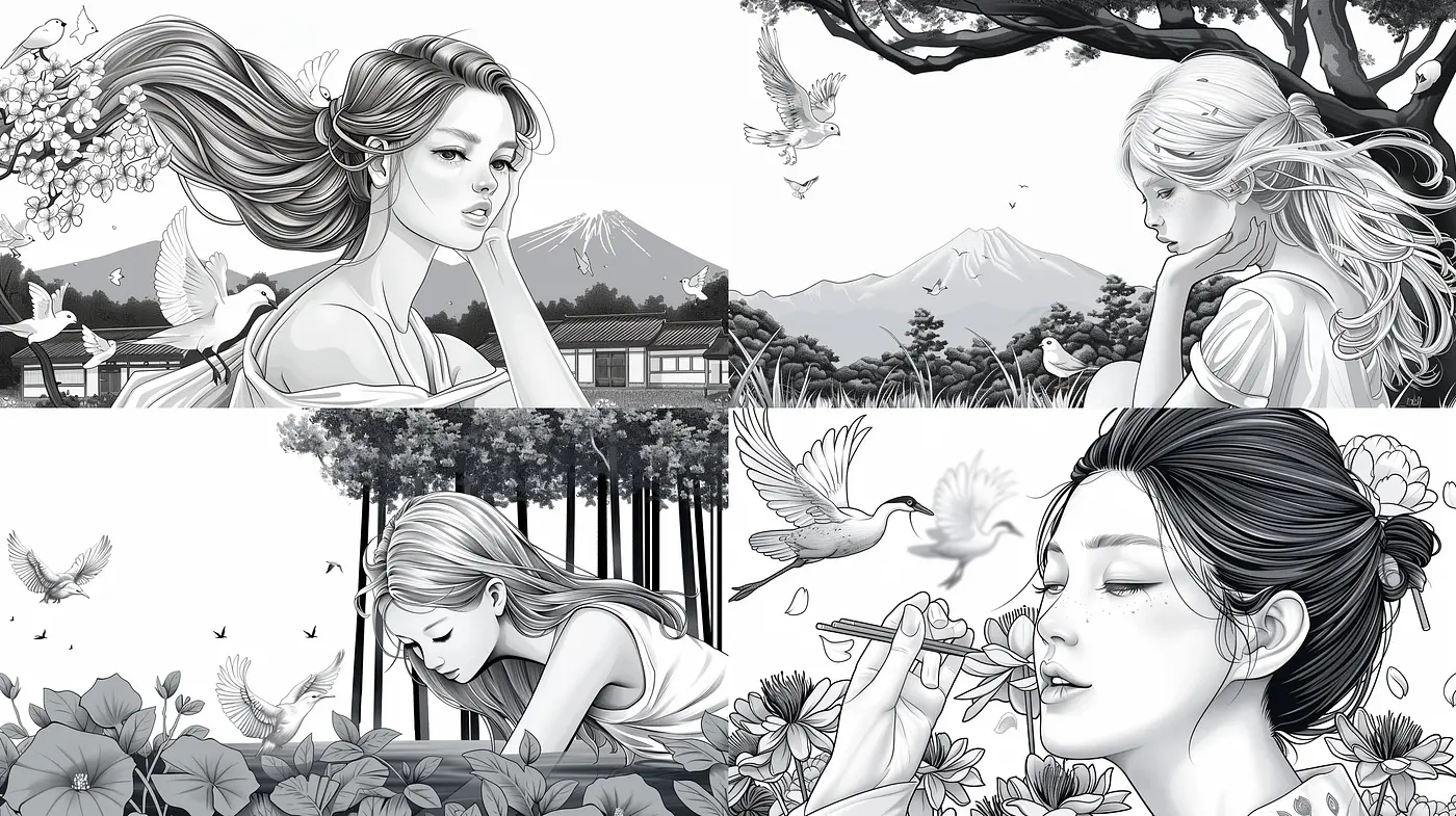 Monochromatic Elegance: A Harmonious Blend of Nature and Grace in Greyscale Illustration - Midjourney sref style