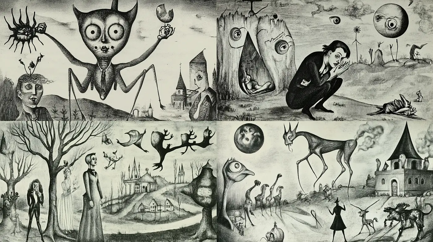 Surreal Dreamscapes with Monochrome Whimsy - Midjourney sref style