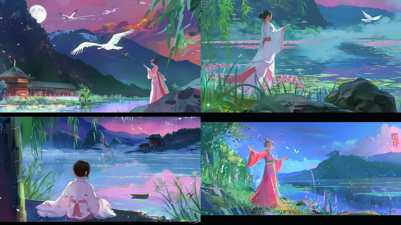 Ethereal Twilight: A Fantastical Fusion of Eastern Serenity and Dazzling Chromatic Textures - Midjourney sref style