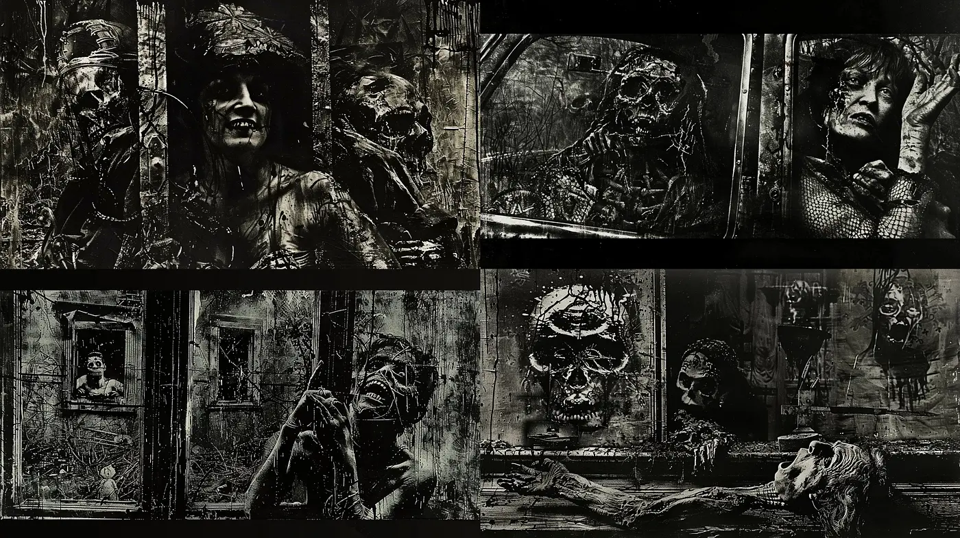 Grim Monochrome Tableaus: A Study in Textured Darkness and Macabre Esthetics - Midjourney sref style