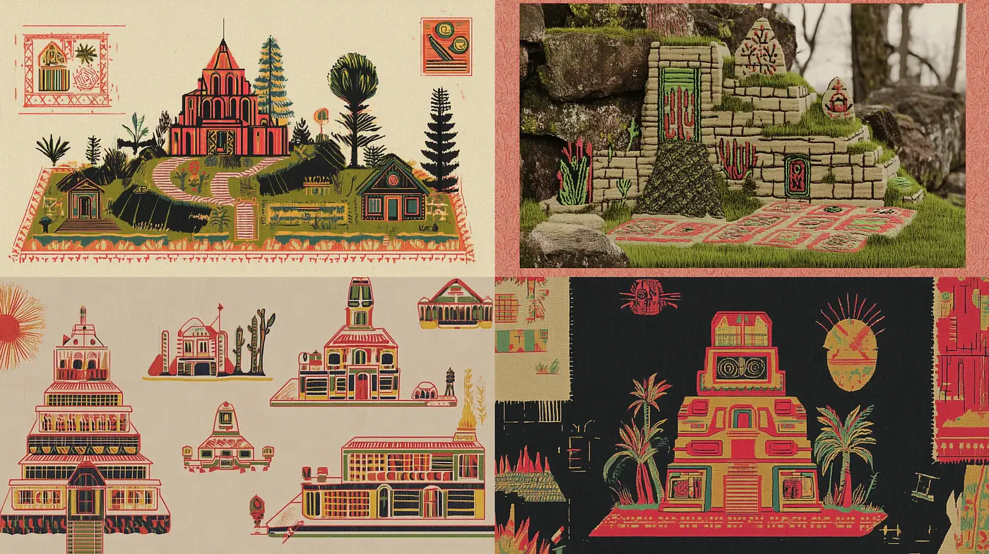 Tapestry of Time: A Folkloric Fusion with Stylized Architectural Elements - Midjourney sref style