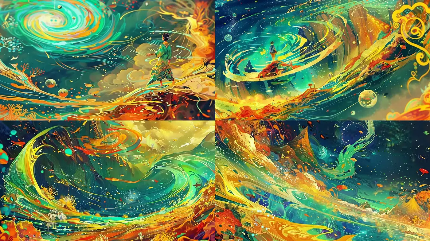Surreal Cosmic Dreamscape in Vivid Swirling Hues - Midjourney sref style