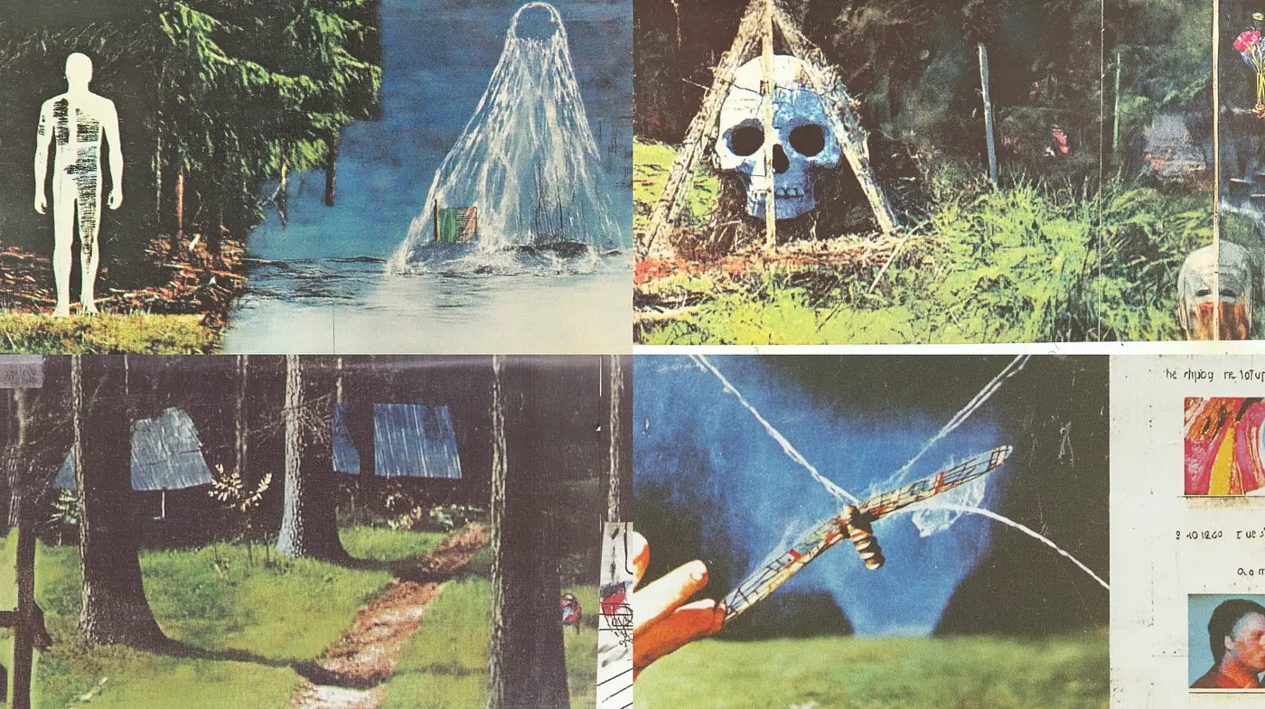 Surreal Landscape Collage with Vintage Undertones and Mixed Media Elements - Midjourney sref style