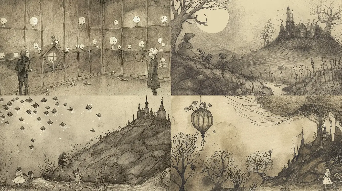 Ethereal Monochromatic Dreamscapes with Whimsical Overtones - Midjourney sref style