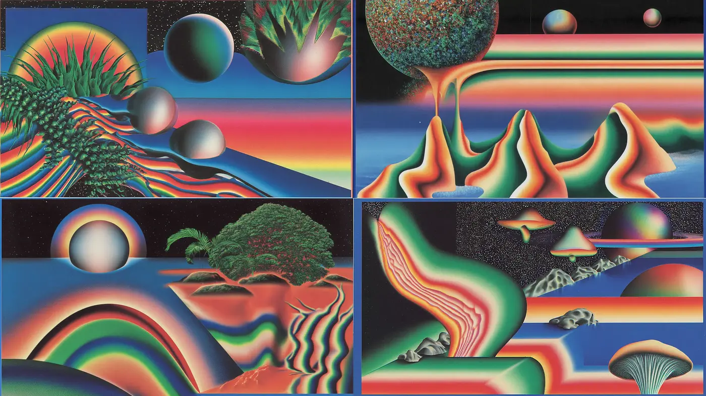 Vibrant Surrealism with Cosmic Themes and Geometric Forms - Midjourney sref style