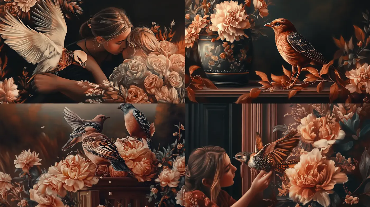 Baroque Reverie in Sienna: A Lush Synthesis of Floral Beauty and Avian Elegance - Midjourney sref style