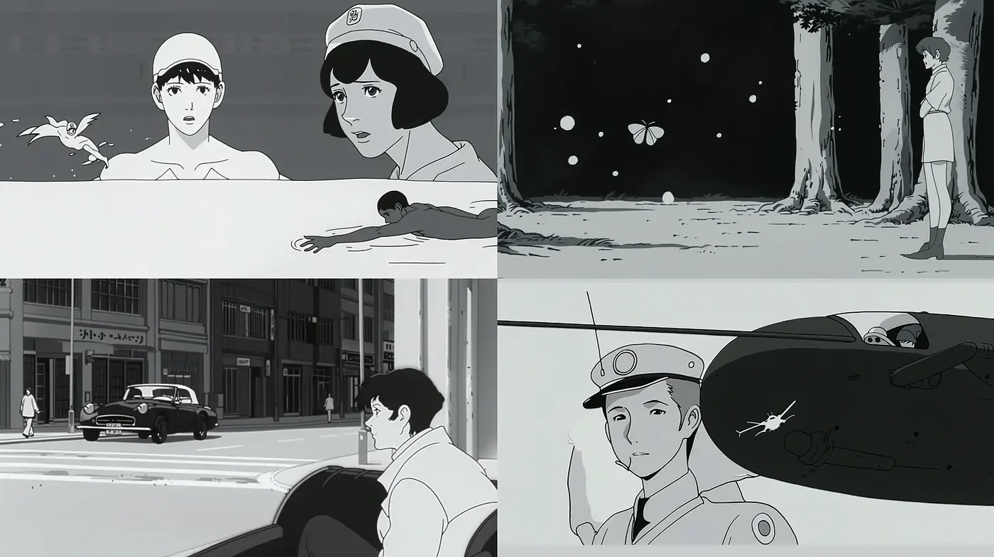 Monochromatic Anime Essence with a Touch of Retro - Midjourney sref style