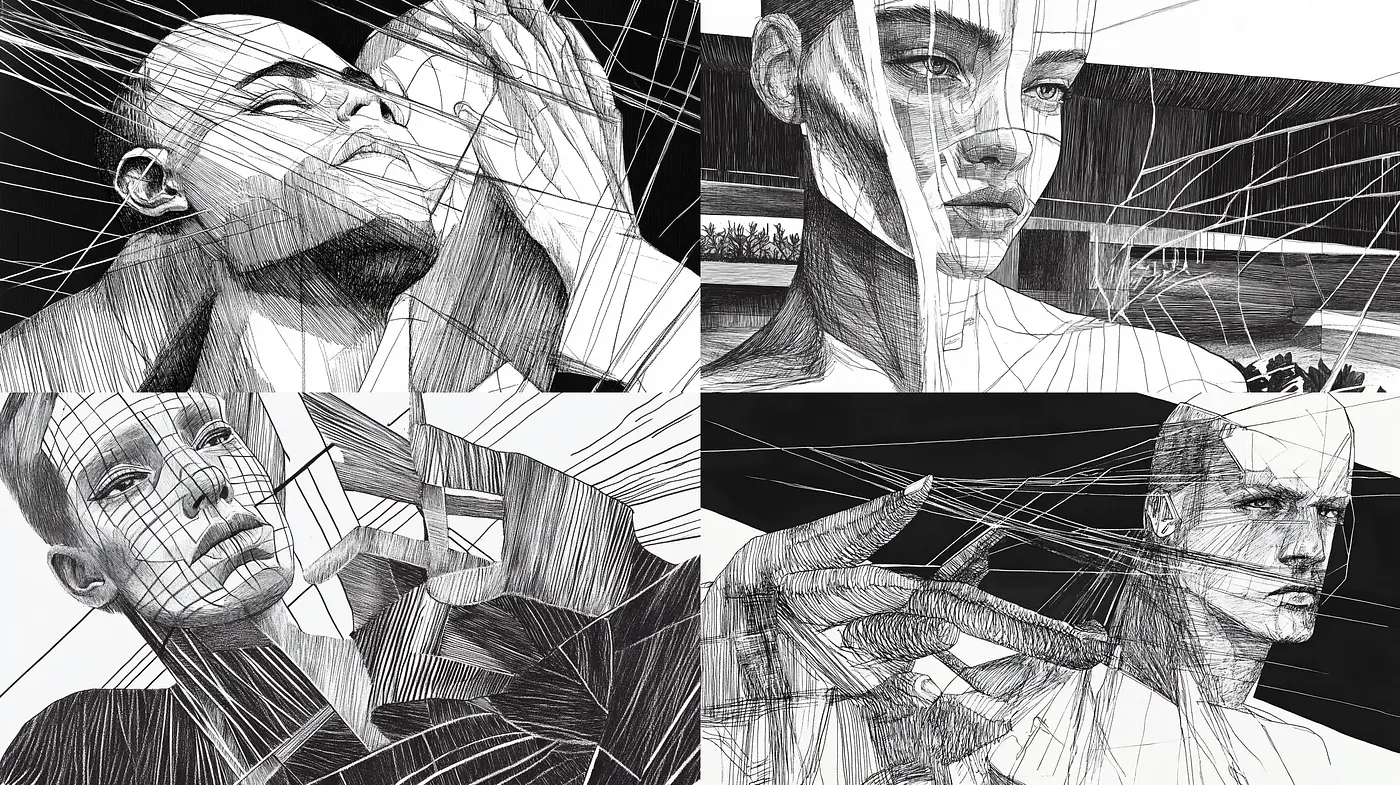 Monochromatic Linear Abstraction in Portrait Art - Midjourney sref style