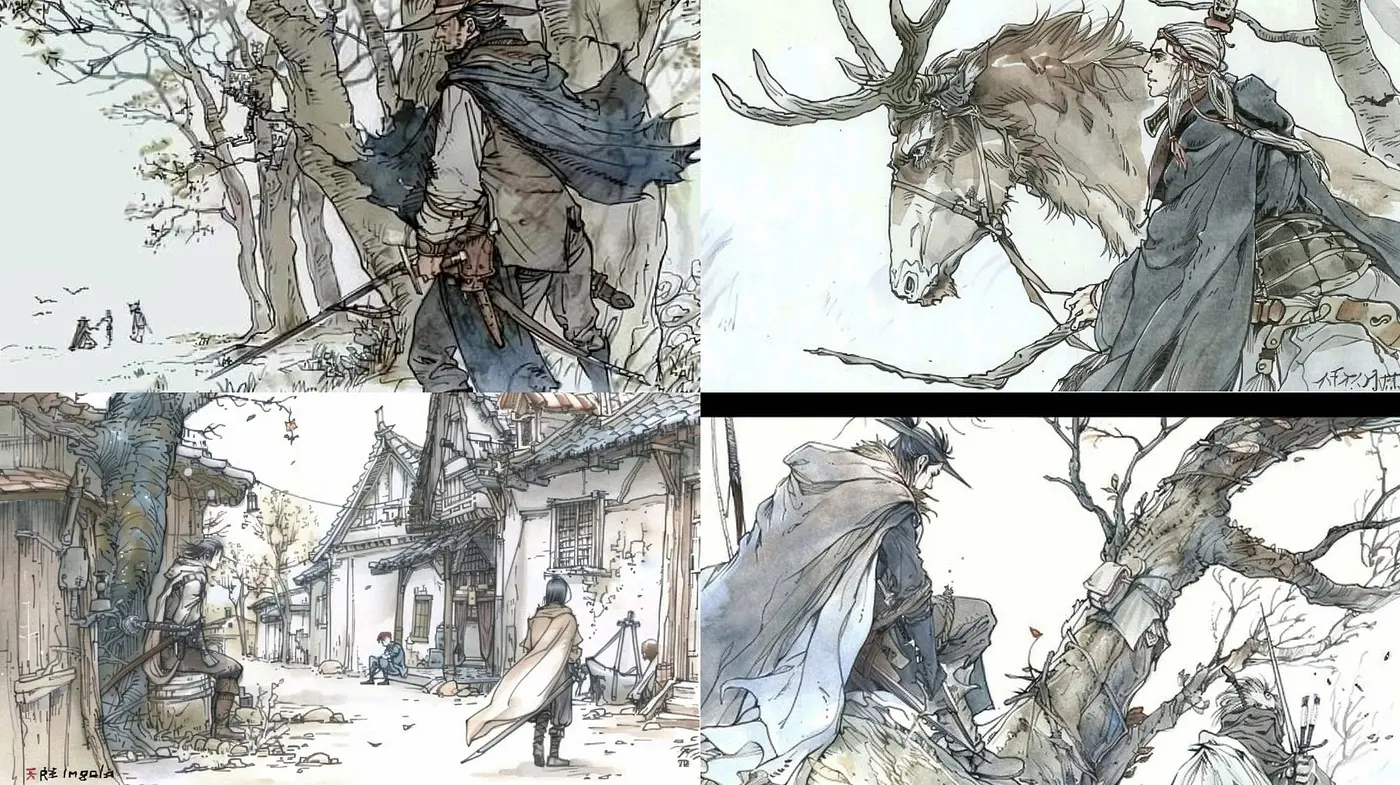 Ethereal Ink Wash Illustrations with a Dreamlike Watercolor Essence - Midjourney sref style