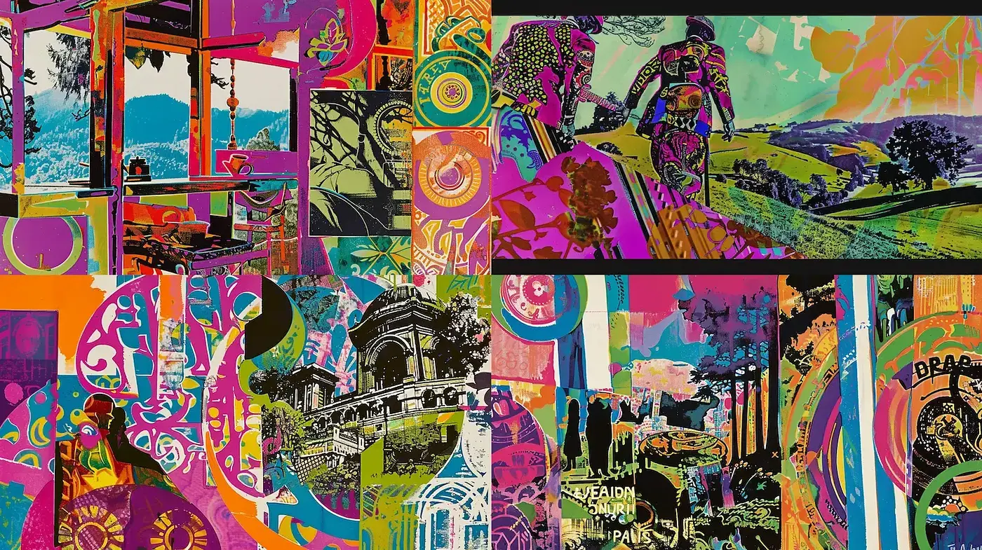 Vibrant Expressionist Collage with Psychedelic Elements - Midjourney sref style