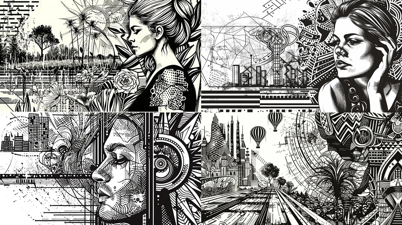 Monochrome Mosaic of Modernity and Memory in Illustrative Fusion - Midjourney sref style