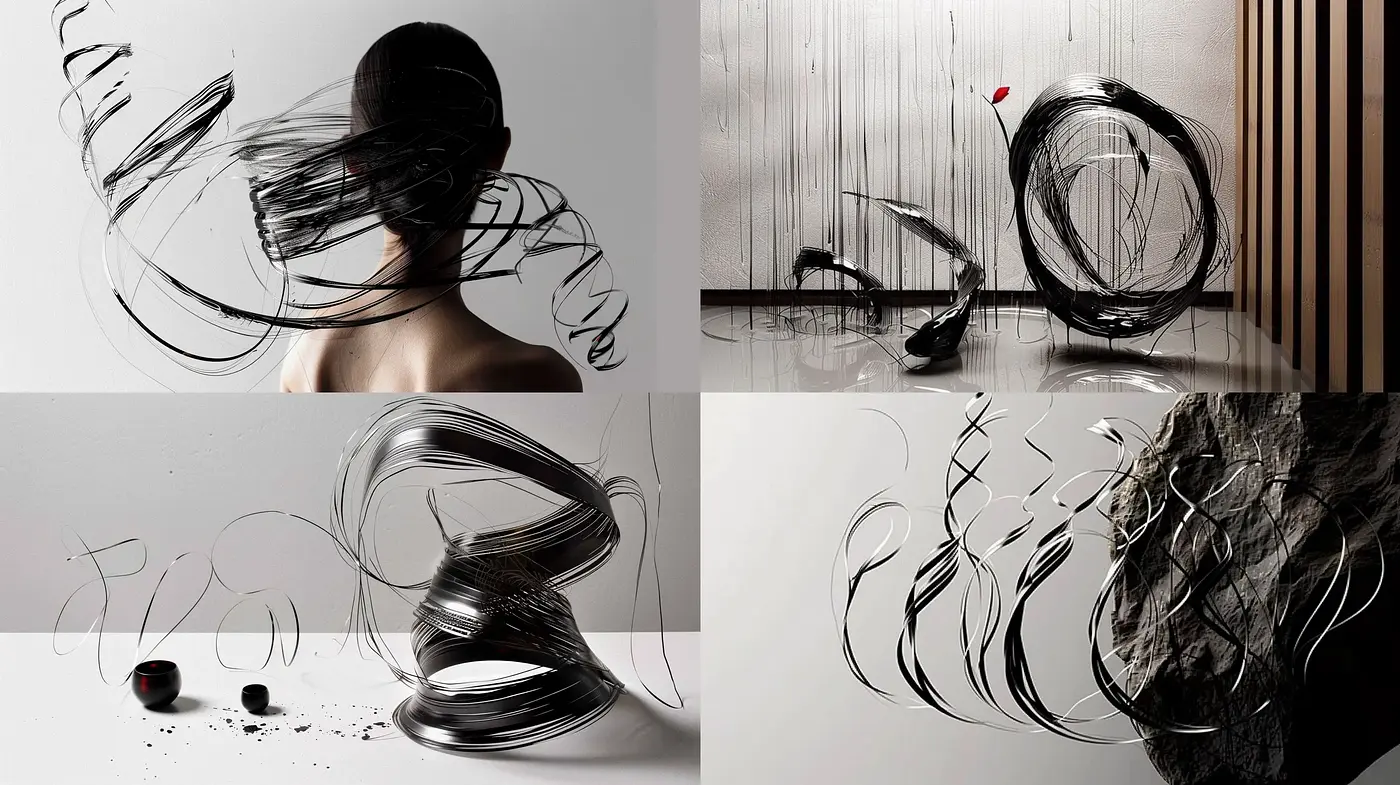 Monochromatic Elegance with Dynamic Swirl Motifs - Midjourney sref style
