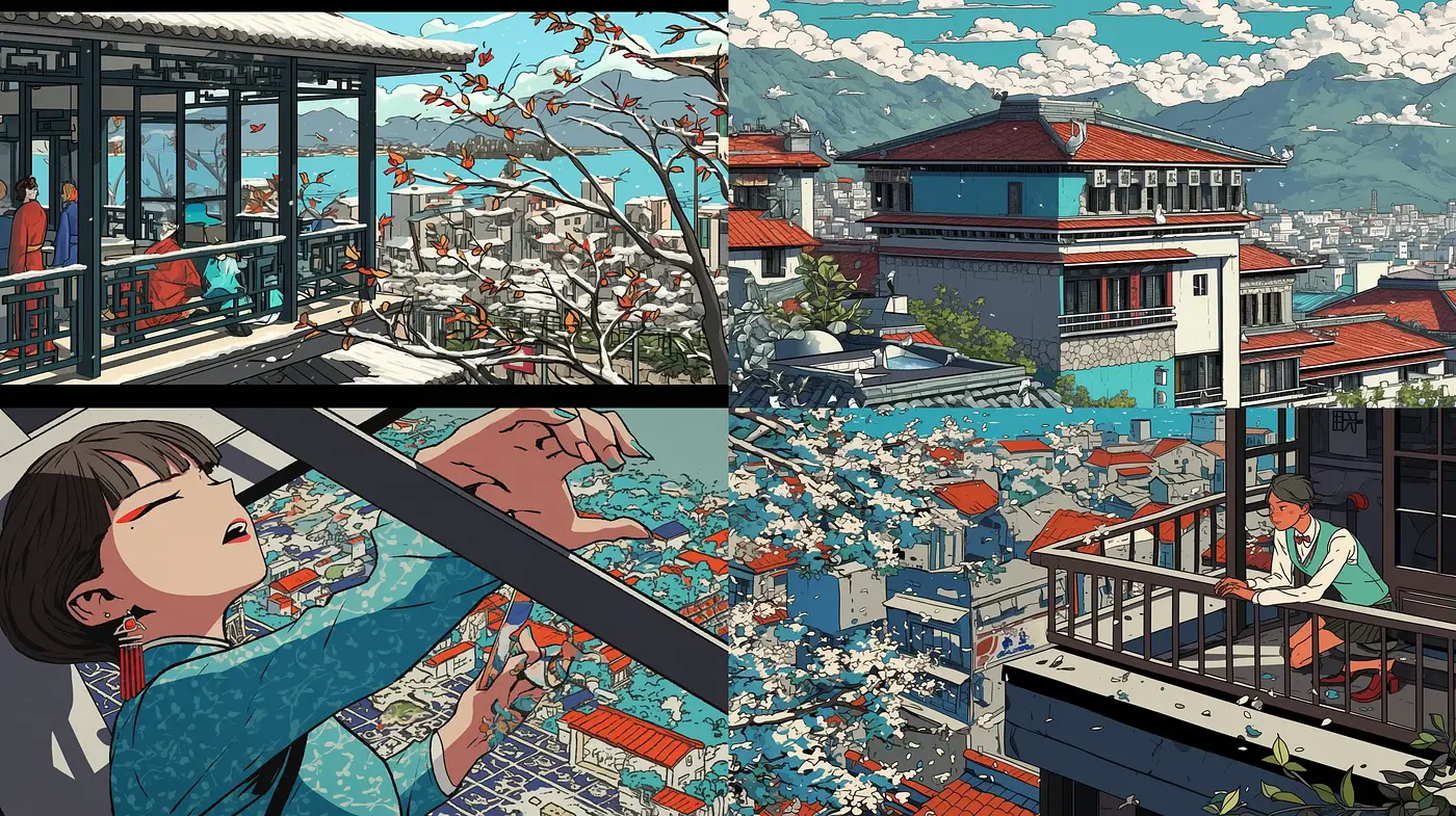Serene Urban Tableau with Contemporary Anime Essence - Midjourney sref style