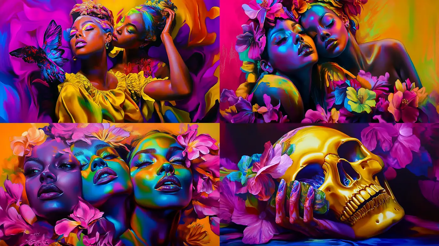 Surreal Radiance: A Synthesis of Vivid Contrasts and Floral Elegance - Midjourney sref style