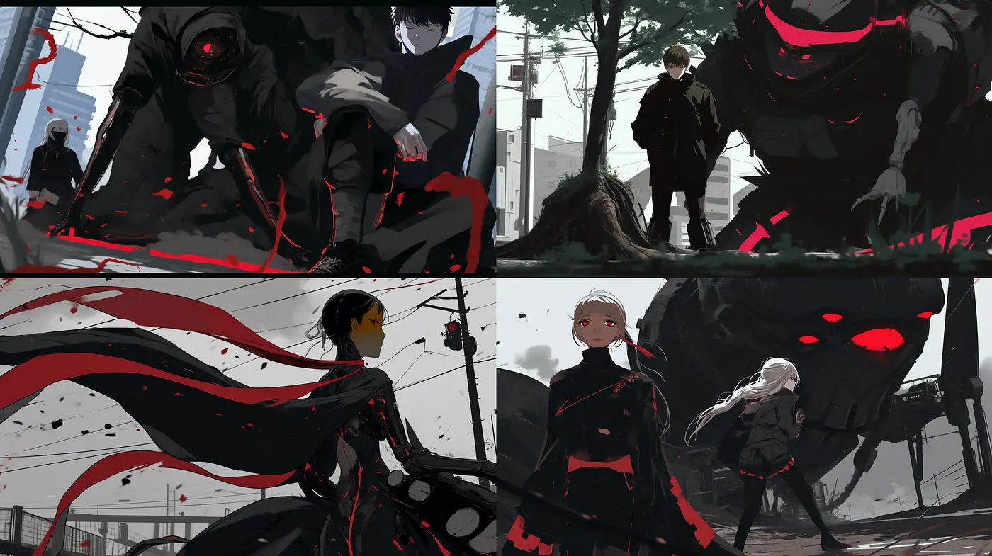 Stark Contrast of Red on Monochrome: A Study in Dramatic Anime-Inspired Visual Storytelling - Midjourney sref style