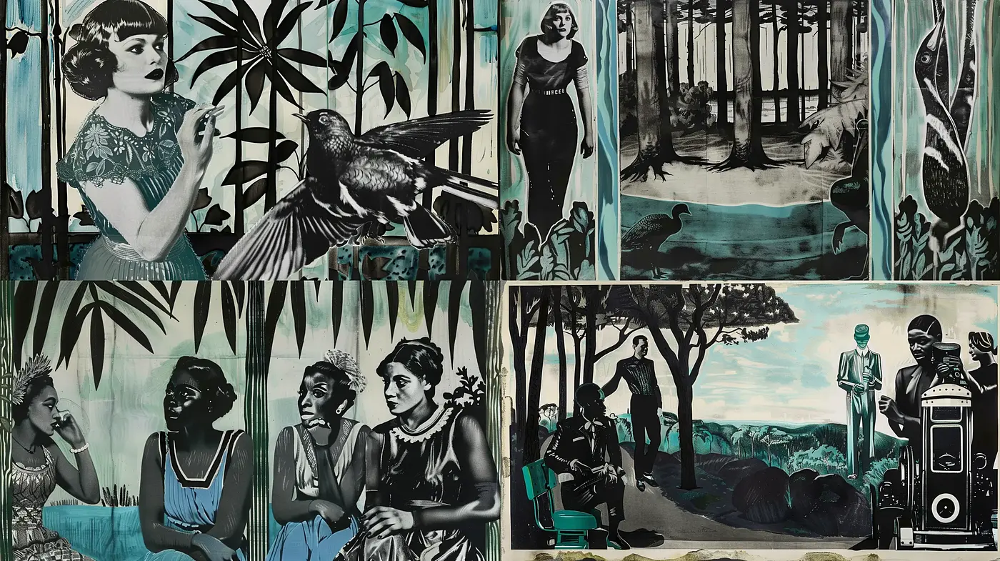 Monochromatic Storytelling: A Homage to Vintage Cinematography and Art Nouveau Illustrations - Midjourney sref style
