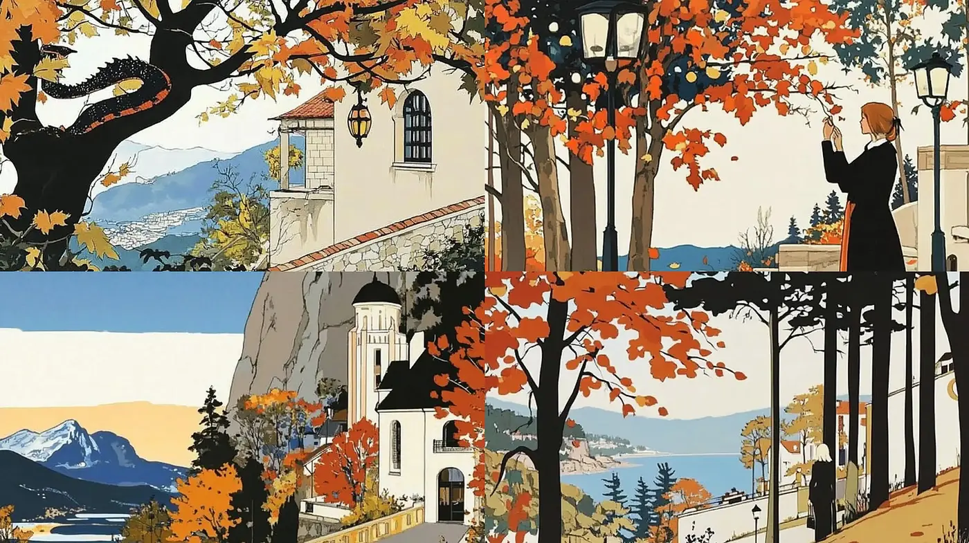 Autumnal Serenity in Stylized Scenic Illustrations - Midjourney sref style