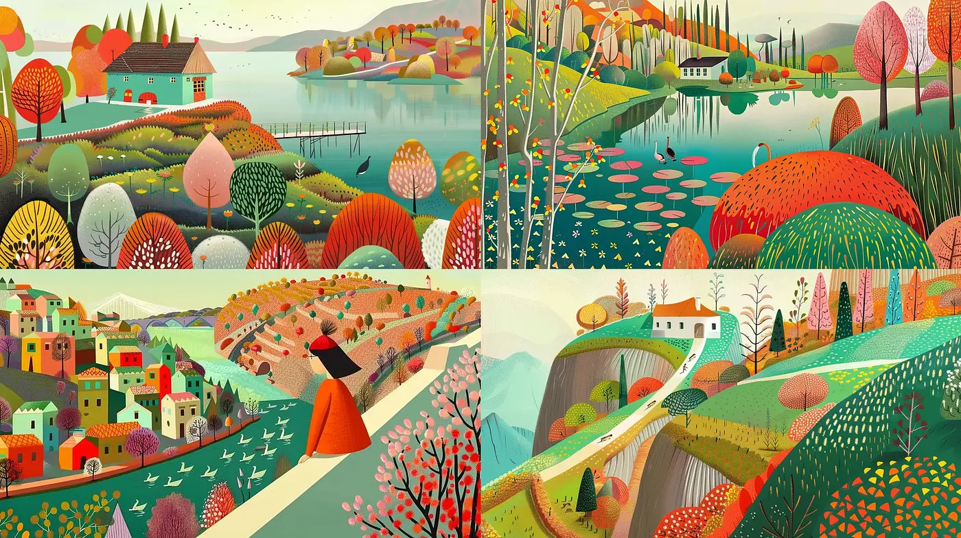 Whimsical Landscapes with Stylized Nature and Vivid Palette - Midjourney sref style