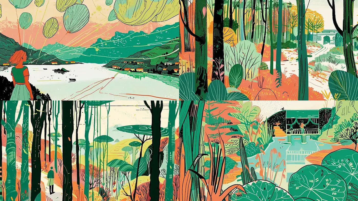 Whimsical Nature Scenes with Vibrant Illustrative Elements - Midjourney sref style