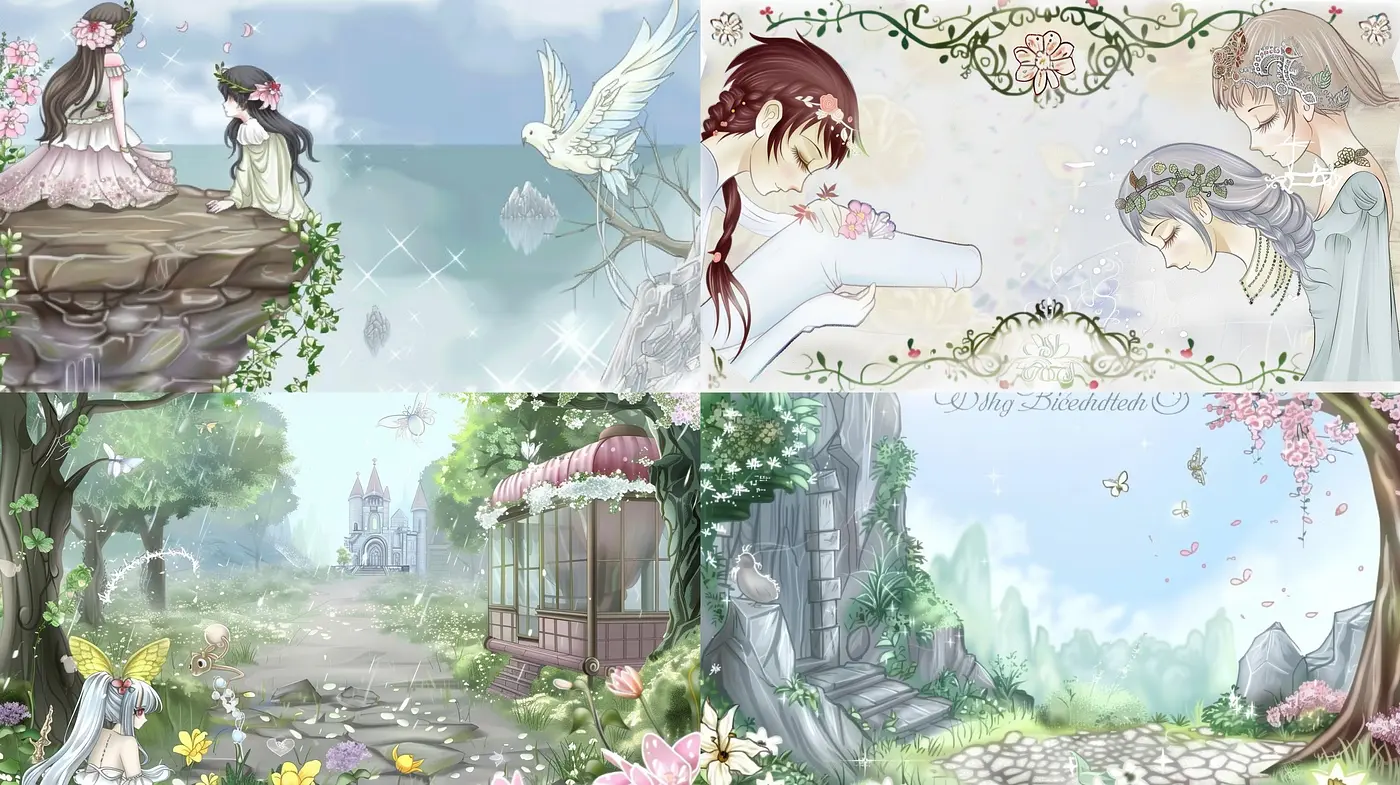 Enchanted Pastoral Elegance: A Consistent Utilization of Soft Tones and Whimsical Elements in Four Artistic Renderings - Midjourney sref style
