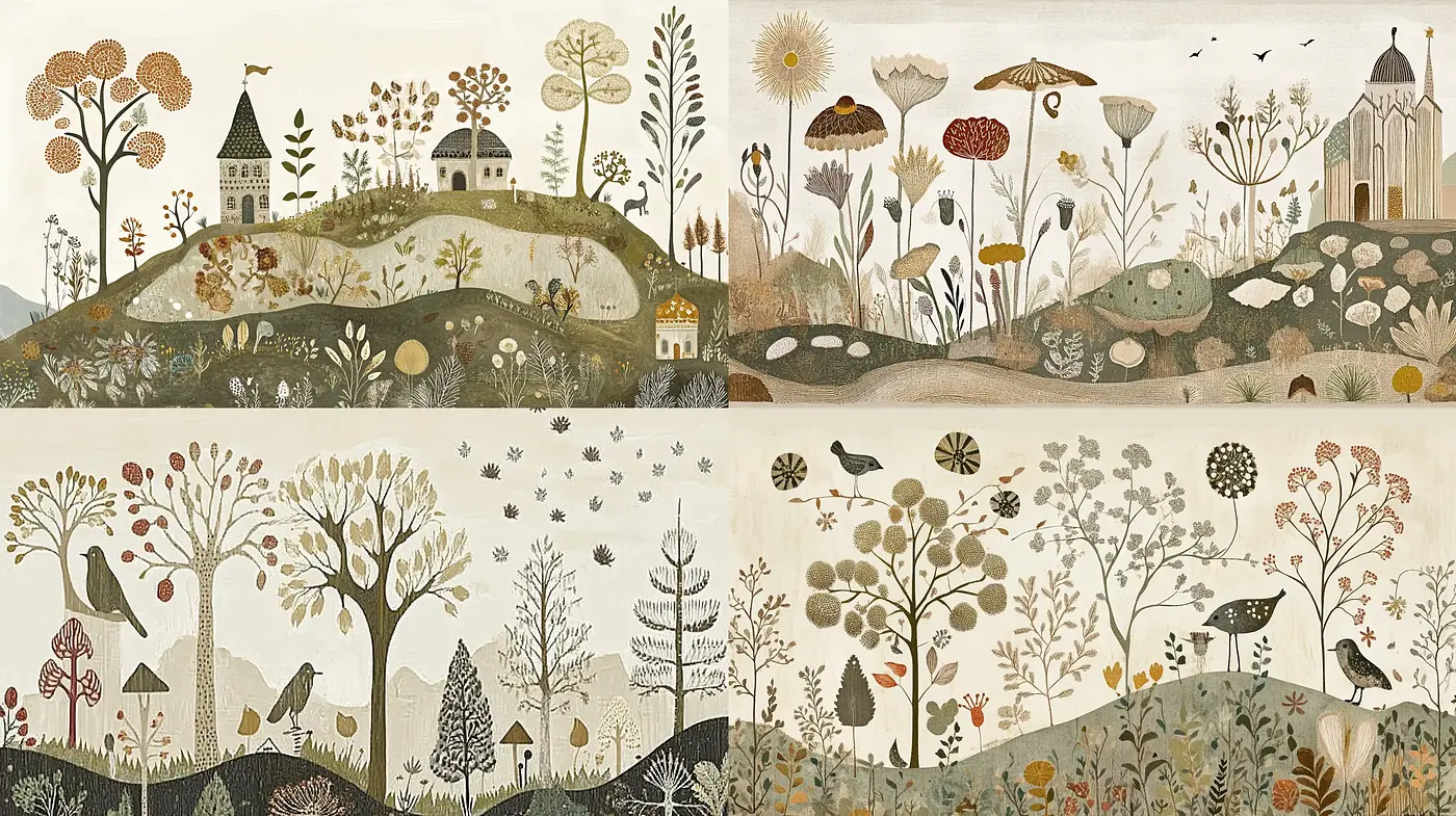 Whimsical Tapestry of Nature: A Folk Art-Inspired Panorama - Midjourney sref style