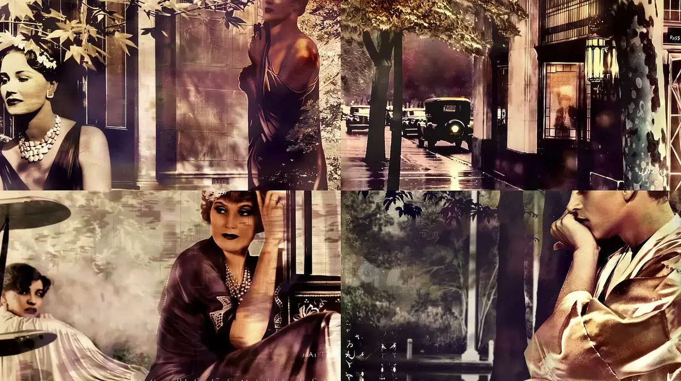 A nostalgic and moody exploration of vintage elegance with a cinematic flair - Midjourney sref style
