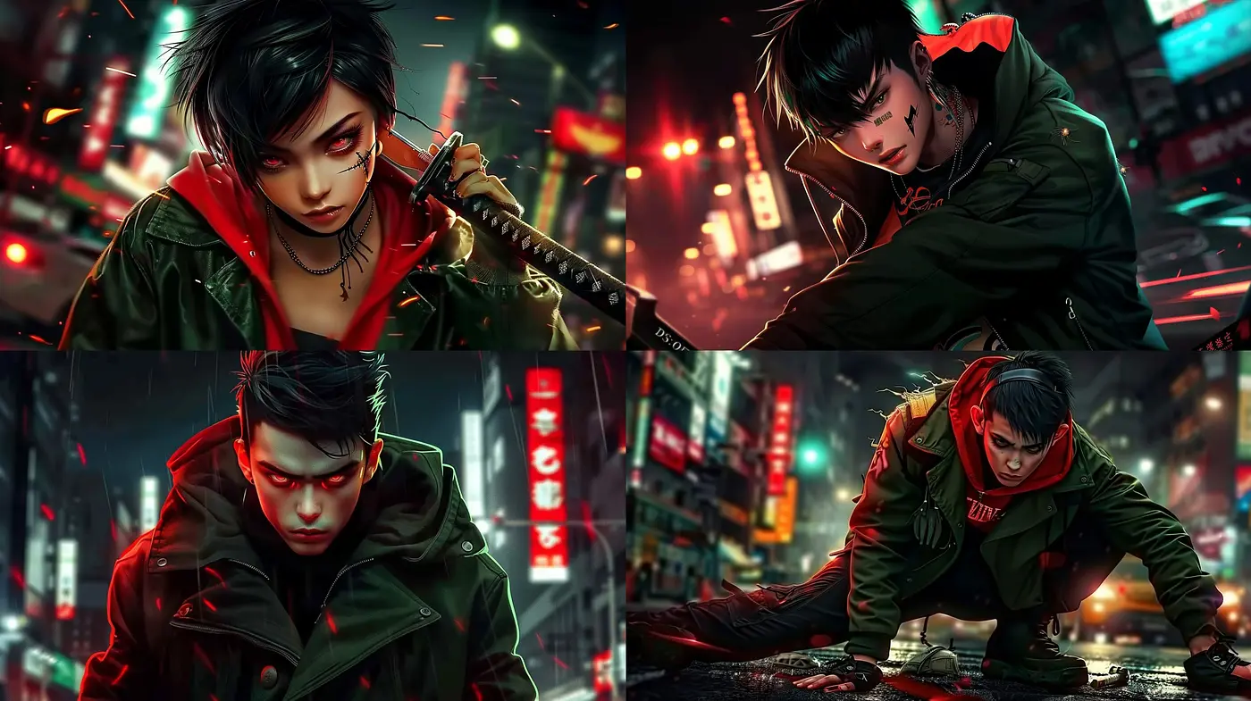 Neon-Noir Cyberpunk Vignettes with a Consistent Synthwave Essence - Midjourney sref style