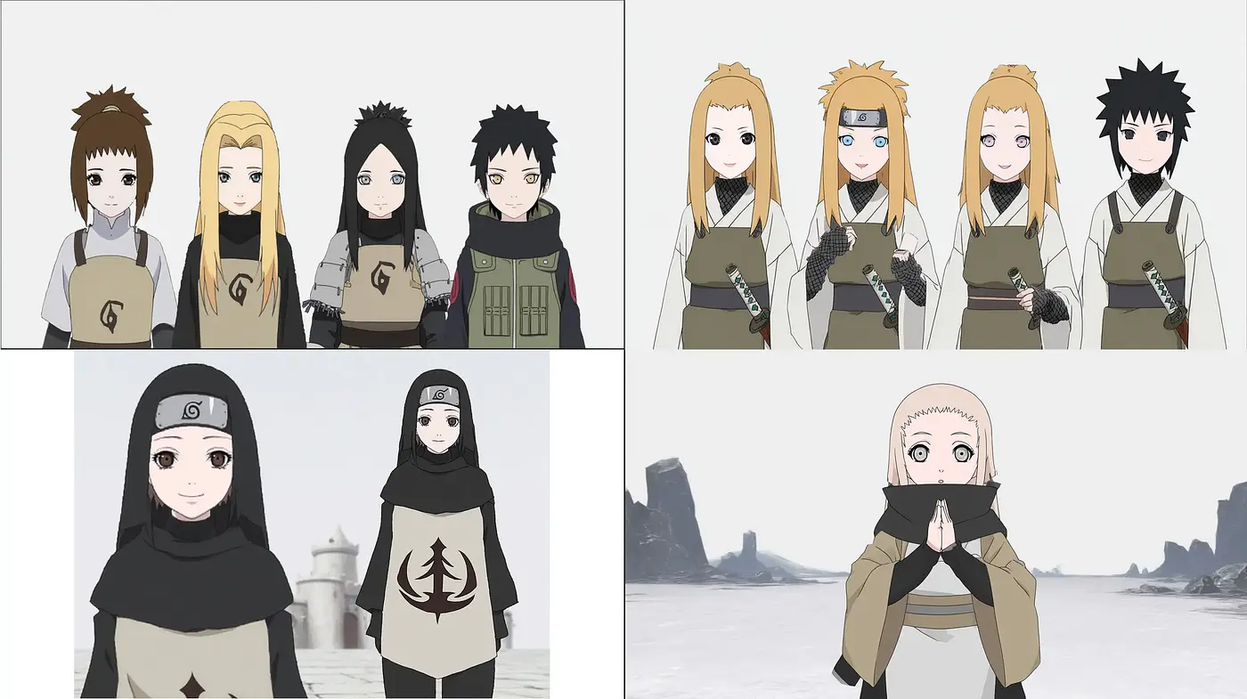 Anime-inspired character designs with consistent color themes and textures - Midjourney sref style