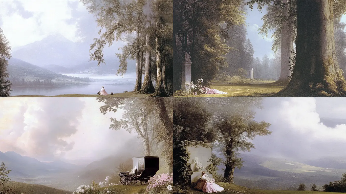 Ethereal Landscapes with Romantic Elements and Nature's Serenity - Midjourney sref style