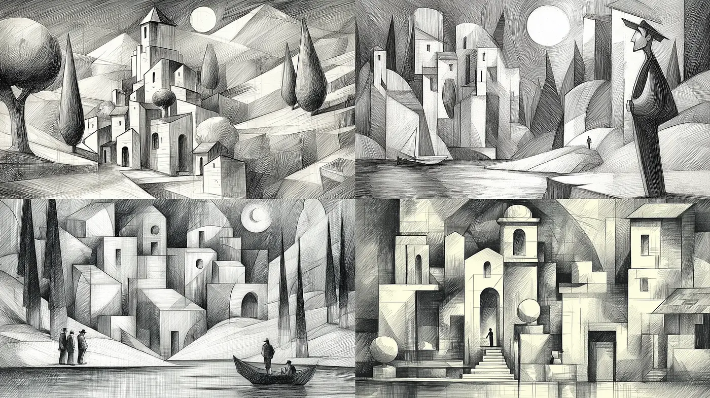 Monochromatic Geometric Landscapes with Abstract Figures Reflecting a Cubist Influence - Midjourney sref style