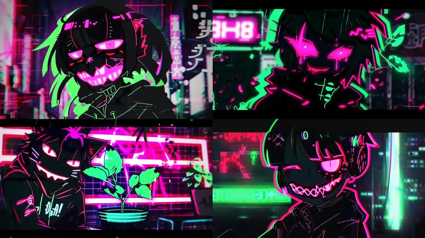 Neon Cyberpunk Aesthetic with a Playful Edge - Midjourney sref style