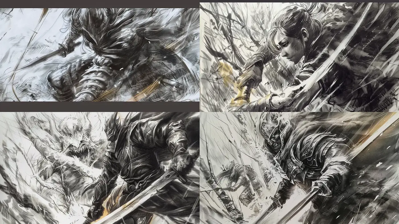 Dynamic and Dramatic Illustrations with a Monochromatic Palette - Midjourney sref style