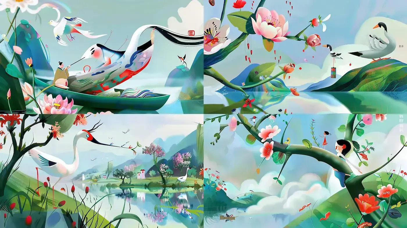 Whimsical and Serene Nature Scenes with Consistent Artistic Elements - Midjourney sref style