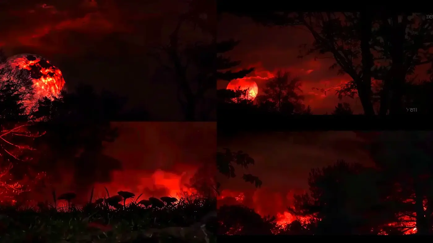 Dramatic and Ethereal Landscapes with Fiery Emphasis - Midjourney sref style