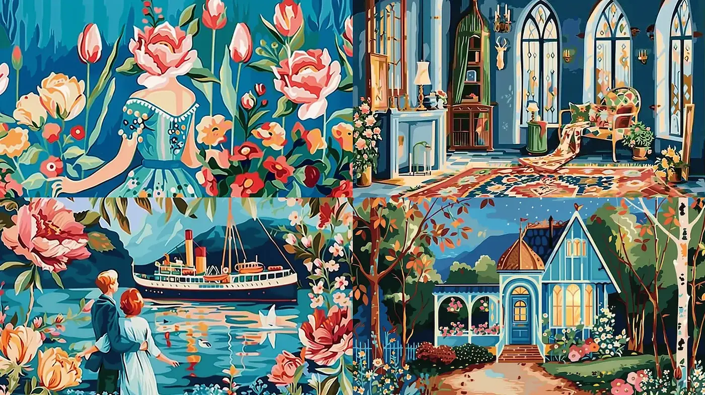 Whimsical and Colorful Vintage Aesthetic with Floral Motifs - Midjourney sref style