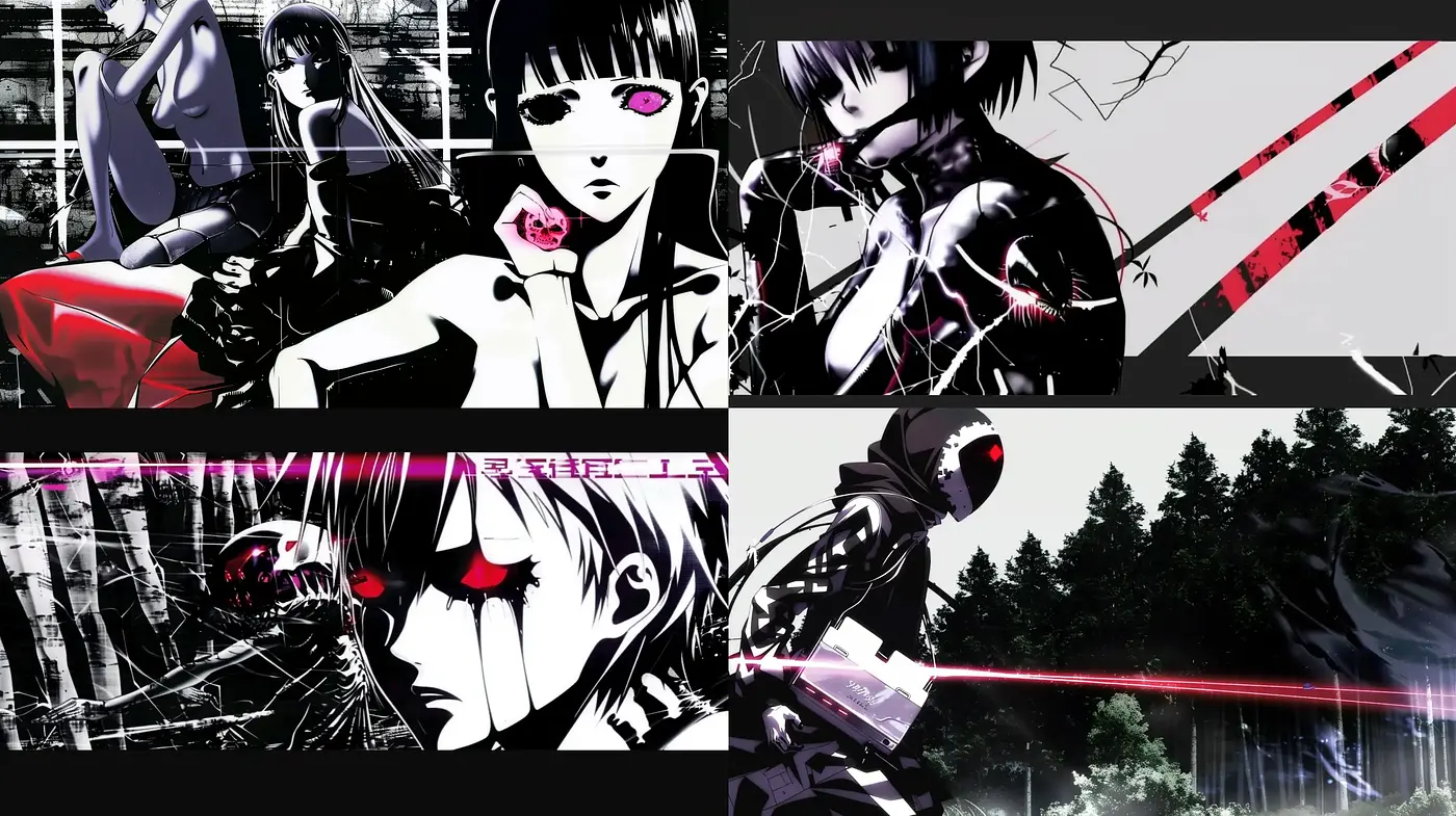 Monochromatic Cyberpunk Vision with Vivid Crimson Accents - Midjourney sref style