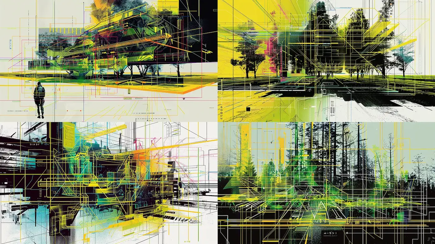 Dynamic and Abstract Urban Landscapes with Geometric Elements - Midjourney sref style