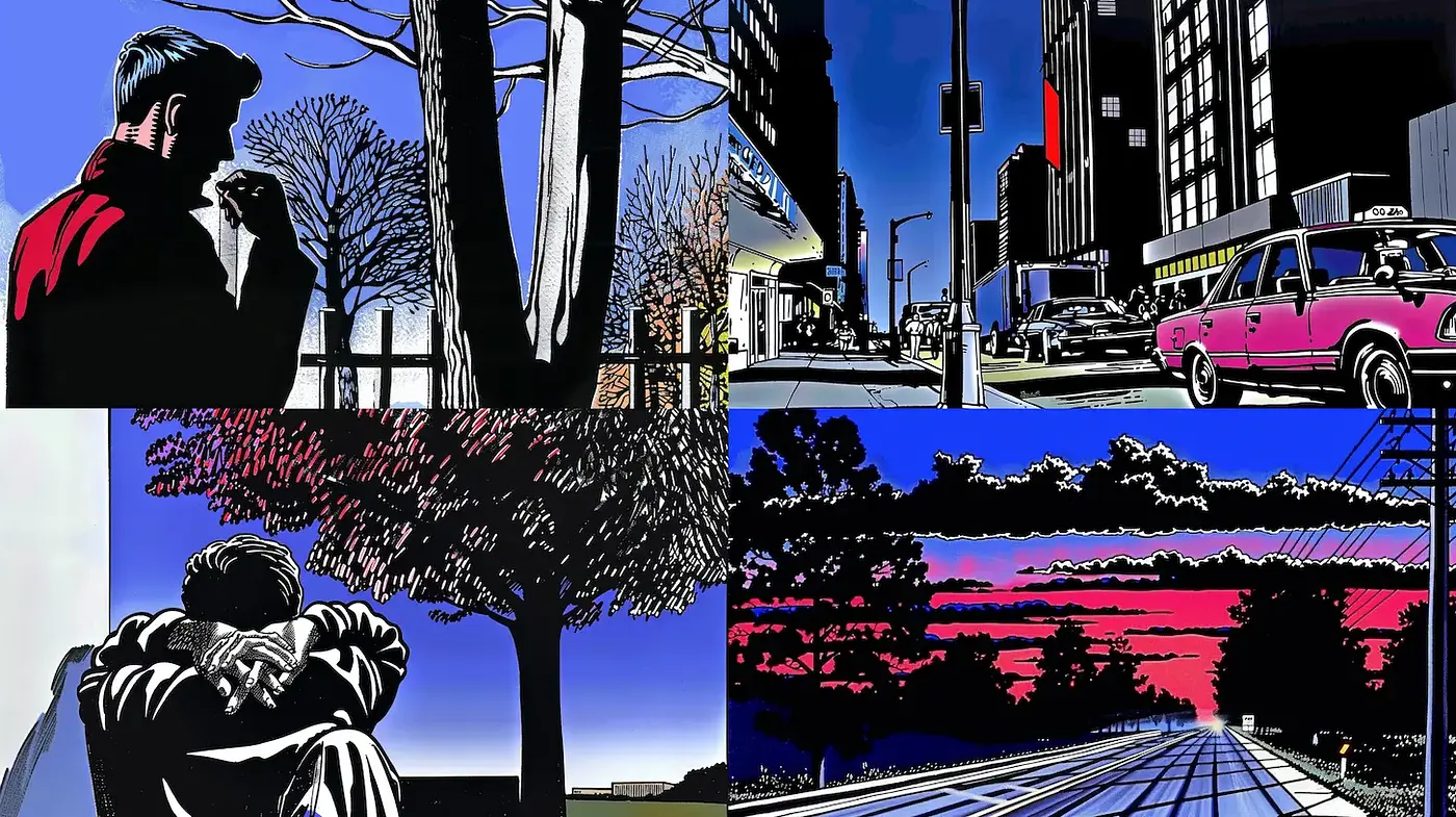 Stylized Urban Narratives with Bold Contrasts - Midjourney sref style