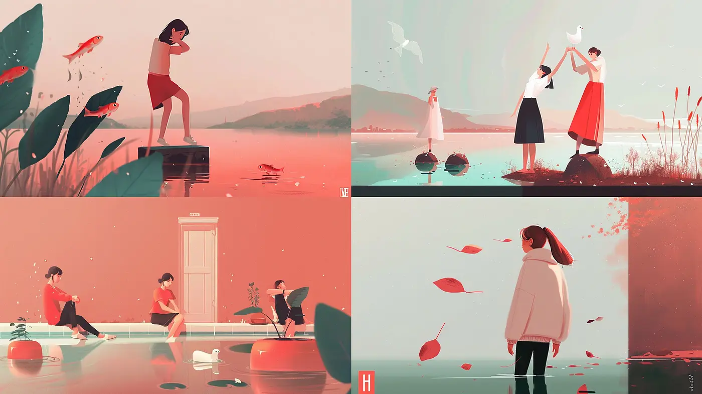 Serene Reddish-Hued Digital Illustrations Echoing a Nostalgic Anime Style - Midjourney sref style