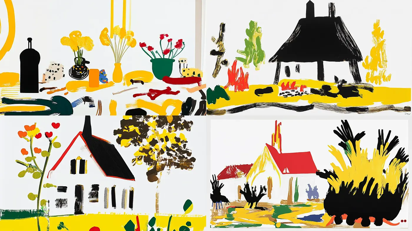 Abstract Simplistic Homesteads in Bold Strokes - Midjourney sref style