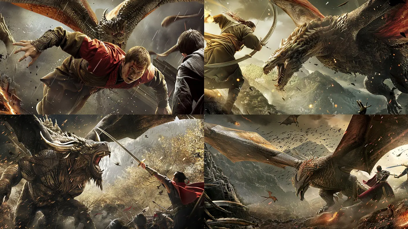 Epic Fantasy Battle with Luminous and Textured Dynamics - Midjourney sref style