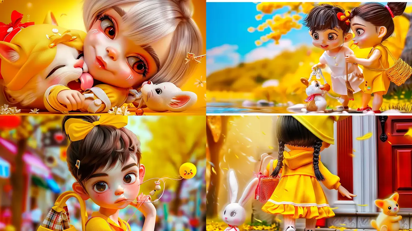 Sunlit Dreamscape Caricatures: Enthralling Vivacity in a Hyper-Realistic Toy World - Midjourney sref style